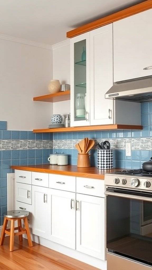 A kitchen featuring blue ceramic backsplashes, white cabinets, and wooden countertops.