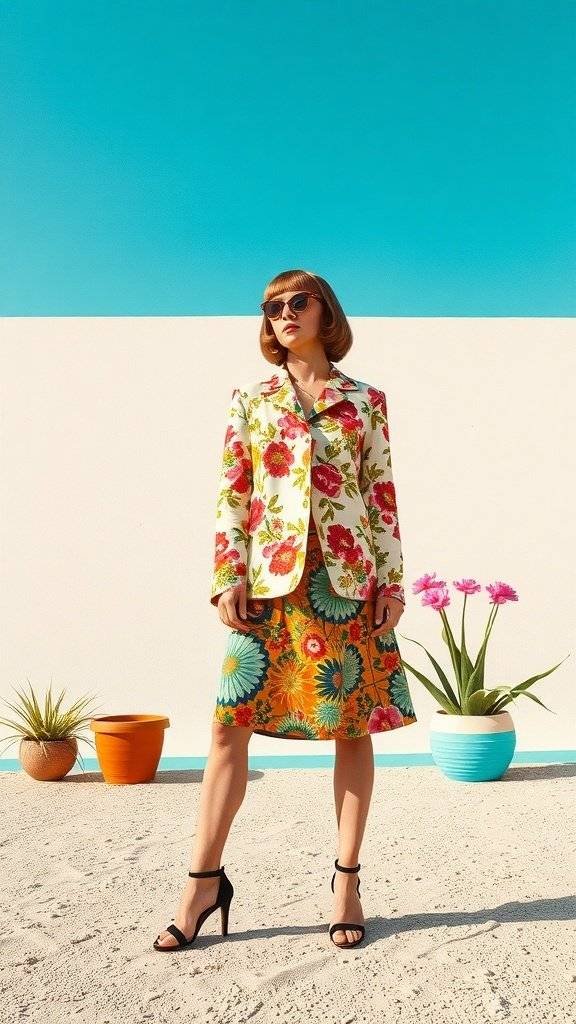 A woman wearing a floral blazer and geometric skirt against a bright blue background.