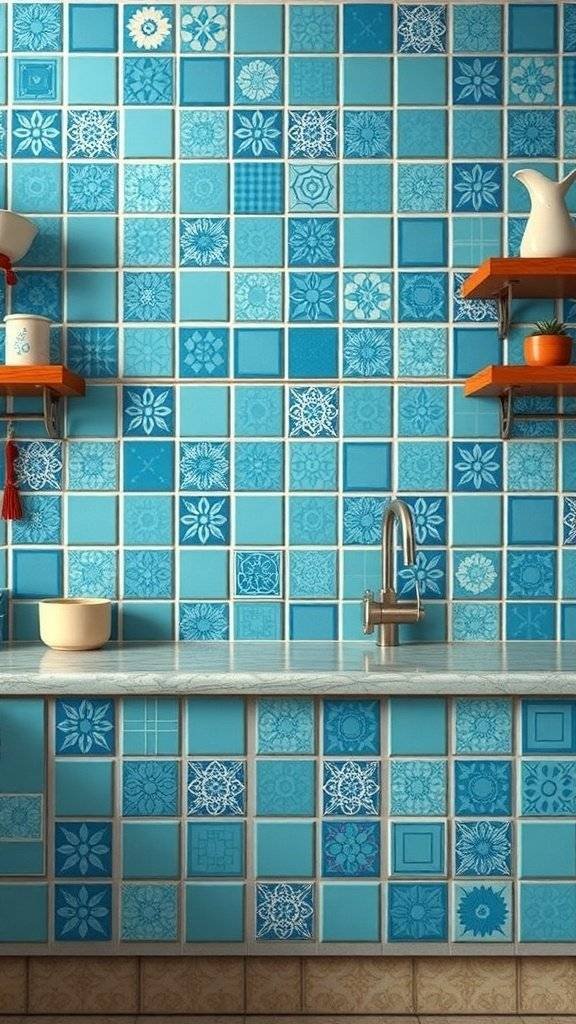 A wall covered with blue ceramic tiles featuring various unique patterns, showcasing a vibrant and colorful backsplash.