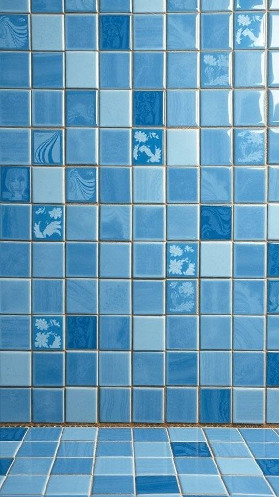 A close-up view of blue ceramic tiles arranged in a backsplash pattern.