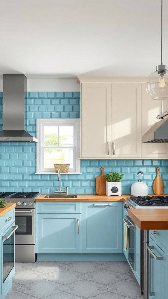 A modern kitchen featuring a blue ceramic backsplash with light cabinetry and wooden accents.