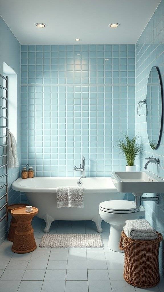 A serene bathroom with light blue ceramic tiles, a white bathtub, and natural decor.