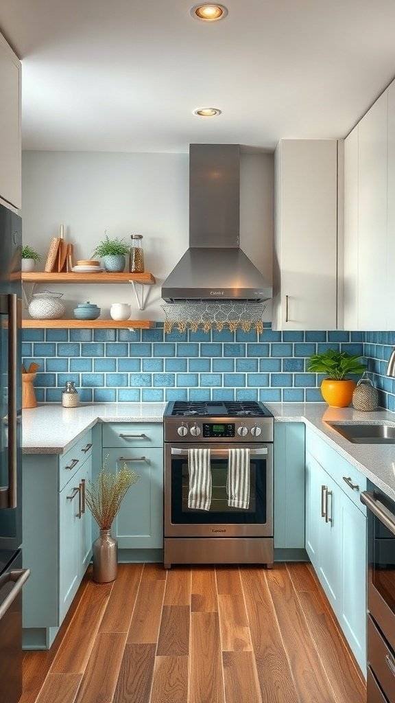 A modern kitchen featuring blue ceramic backsplashes, light cabinetry, and wooden floors.