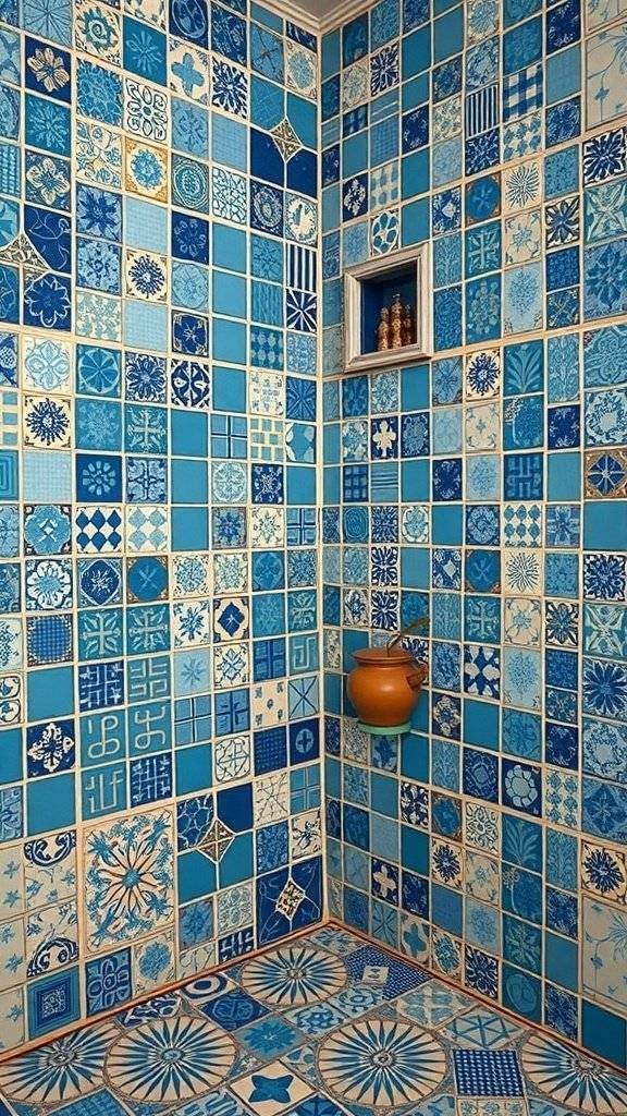 A wall covered with blue ceramic tiles featuring various intricate designs and patterns.