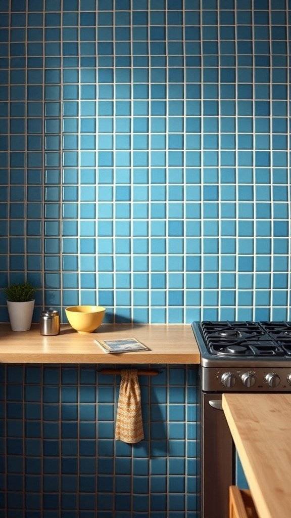 A kitchen with a blue ceramic tiled backsplash, wooden countertop, and modern appliances.