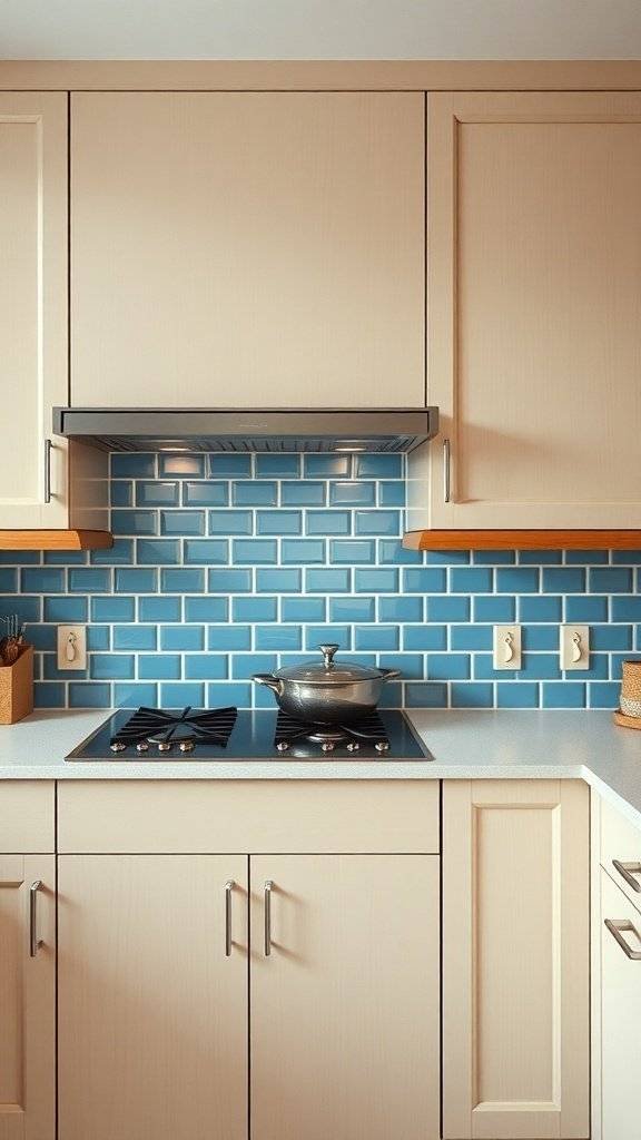 A kitchen with a blue ceramic backsplash, featuring a stove and neutral cabinetry.