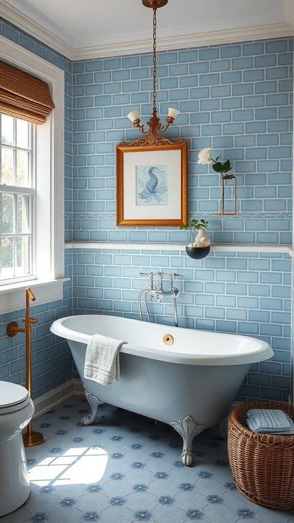 A bathroom featuring blue ceramic tiles on the walls and floor, with a blue cabinet and white bathtub.