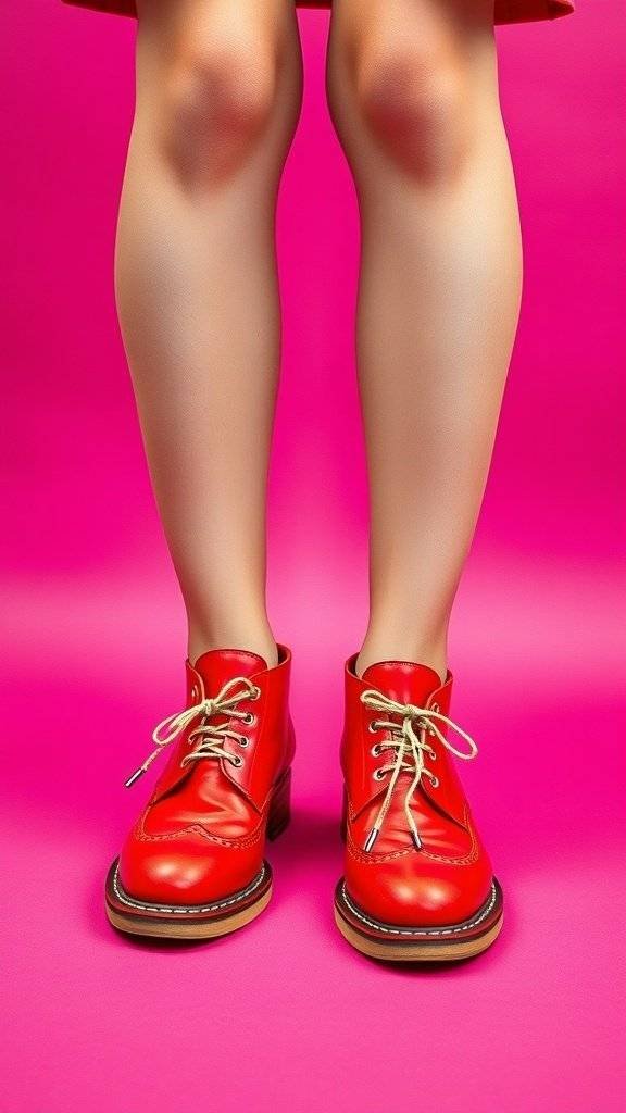A close-up of red lace-up boots against a pink background, showcasing retro style.