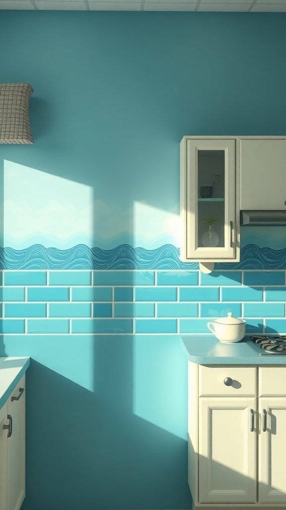 A kitchen featuring a blue ceramic backsplash with wave patterns, evoking ocean and sky themes.