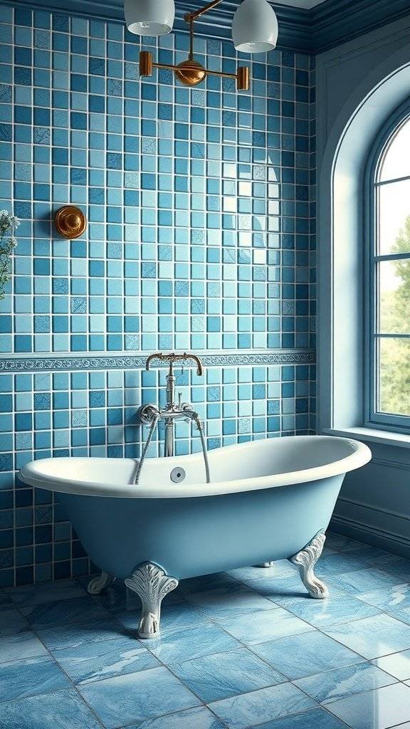 A luxury bathroom featuring blue ceramic backsplashes, white fixtures, and a small plant.