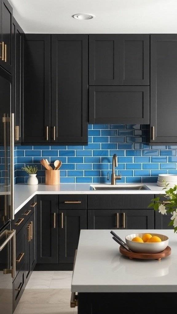 A modern kitchen featuring dark wood cabinets and a bright blue ceramic backsplash.