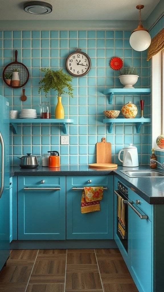 A bright kitchen featuring light blue ceramic tile backsplashes, wooden shelves, and colorful decor.
