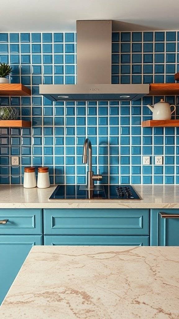 A kitchen featuring blue ceramic backsplashes, natural stone countertop, and wooden shelves.