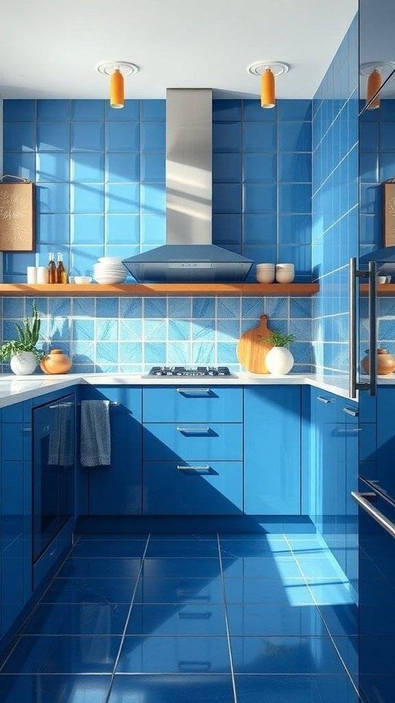 A kitchen featuring glossy blue ceramic backsplashes that reflect light, creating a bright and inviting atmosphere.