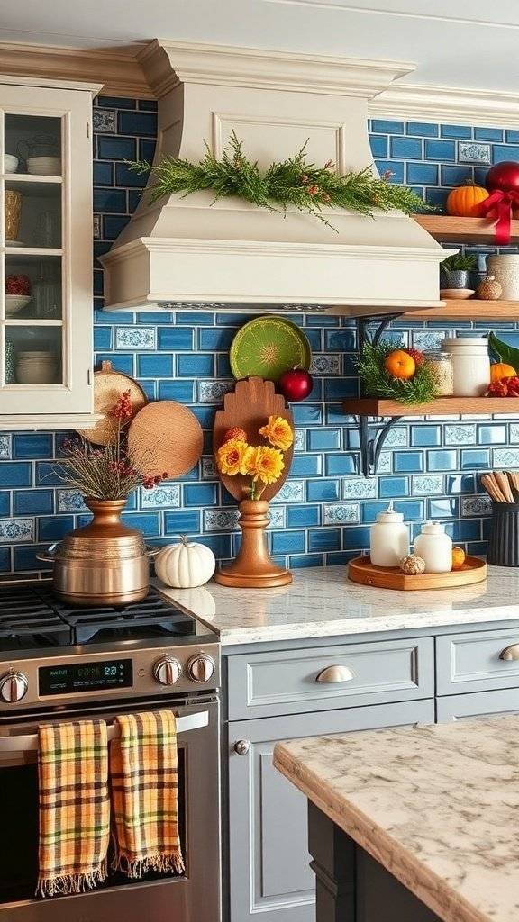 A cozy kitchen featuring blue ceramic backsplash with seasonal decor, including a wreath and autumn leaves.