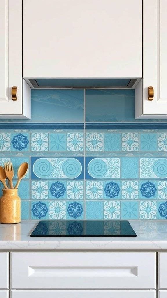A kitchen with a blue ceramic backsplash featuring various patterns and shades.