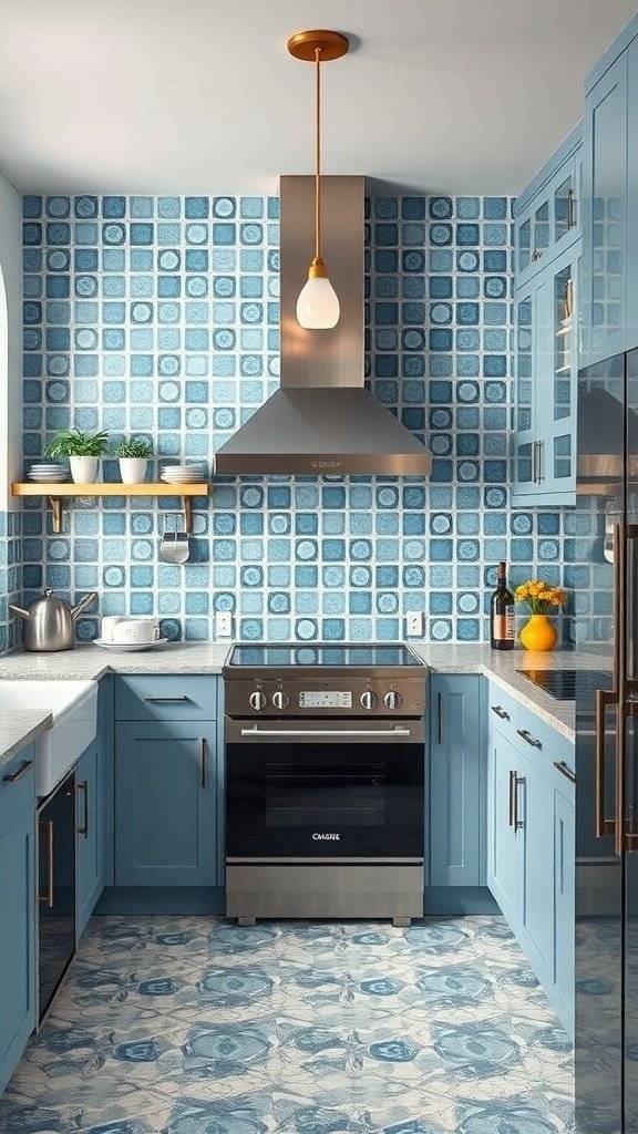 A modern kitchen featuring blue ceramic backsplashes with intricate patterns, complemented by light blue cabinetry and stainless steel appliances.