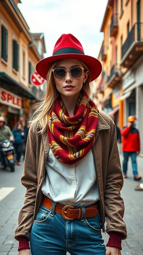 A woman in a red hat and striped scarf, showcasing a layered outfit in a vibrant street setting.