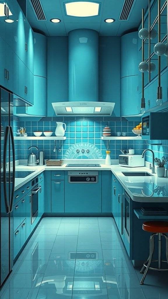 A modern kitchen featuring vibrant blue ceramic backsplashes and cabinetry.