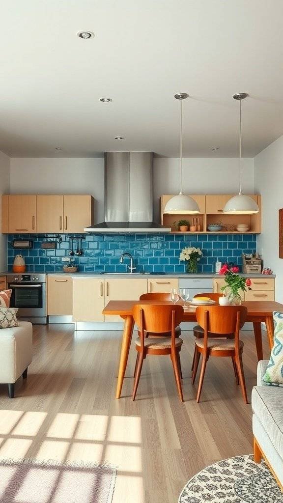 A modern kitchen with blue ceramic backsplash, wooden dining table, and chairs in an open concept space.