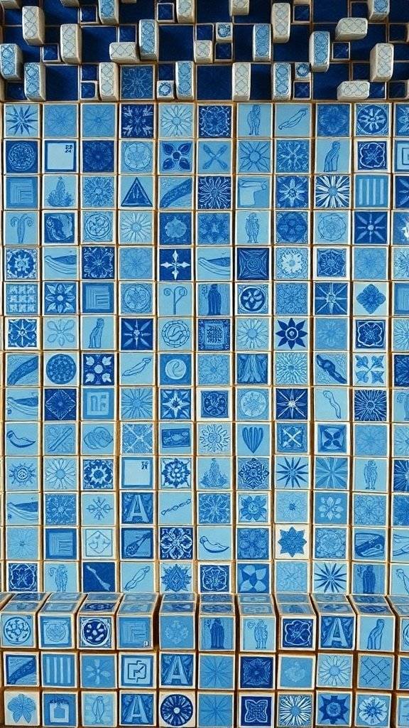 A vibrant display of handcrafted blue ceramic tiles featuring various intricate designs and patterns.