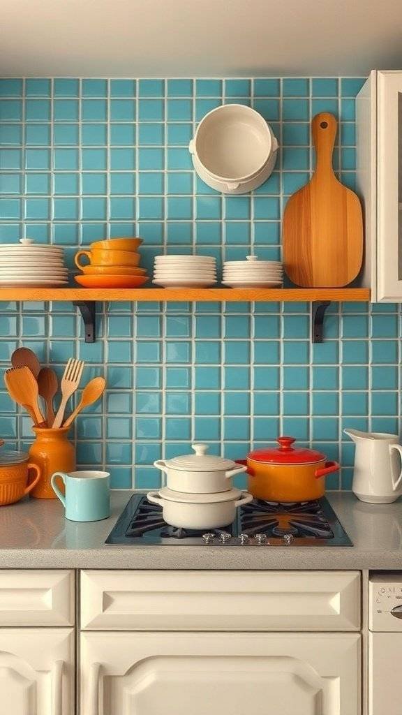 A kitchen with a blue ceramic backsplash, featuring orange dishes and wooden utensils.