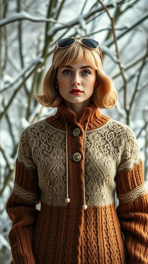 A model in a 1960's themed wool sweater, showcasing the mix of textures with a cozy and stylish look.