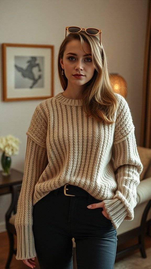 A model wearing a chunky knit sweater, embodying 1960's fashion, with a stylish look.