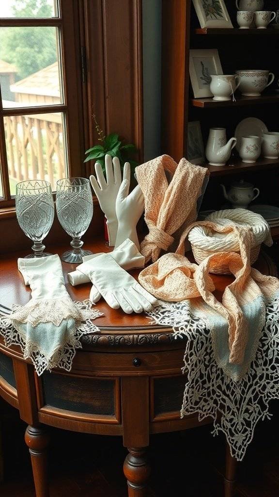 A collection of vintage-inspired lace accessories including gloves, scarves, and lace-trimmed items arranged on a wooden table.
