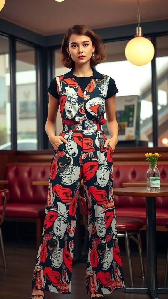 A woman wearing a bold print jumpsuit with a vibrant design, showcasing the layering style popular in the 1960s.