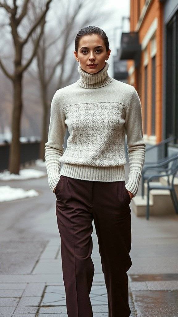 A model wearing a sophisticated lace turtleneck in a city setting, showcasing a stylish winter outfit.