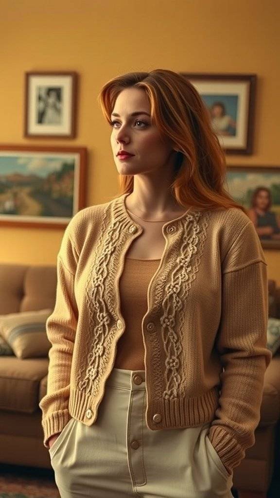 A woman in a beige lace-trimmed cardigan, styled with high-waisted trousers, set against a warm-toned background.