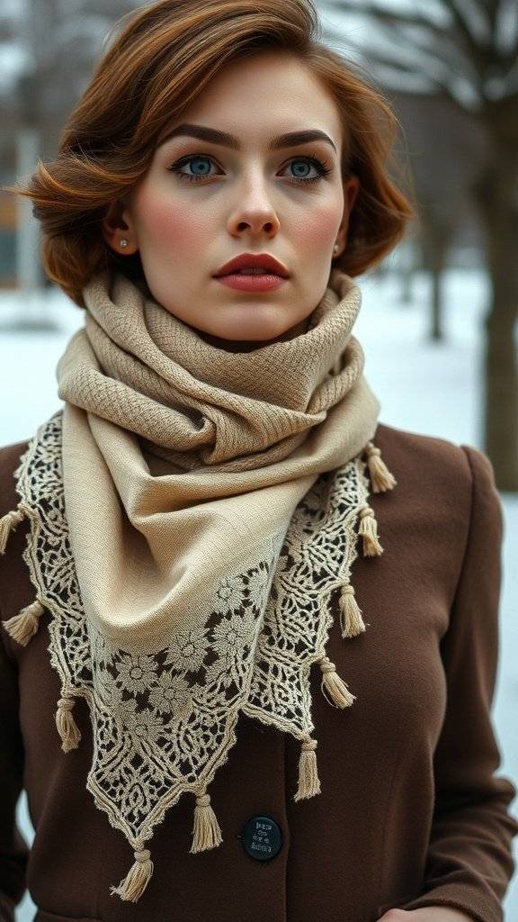 A woman wearing a lace-accented scarf with a brown coat, showcasing a stylish winter look.