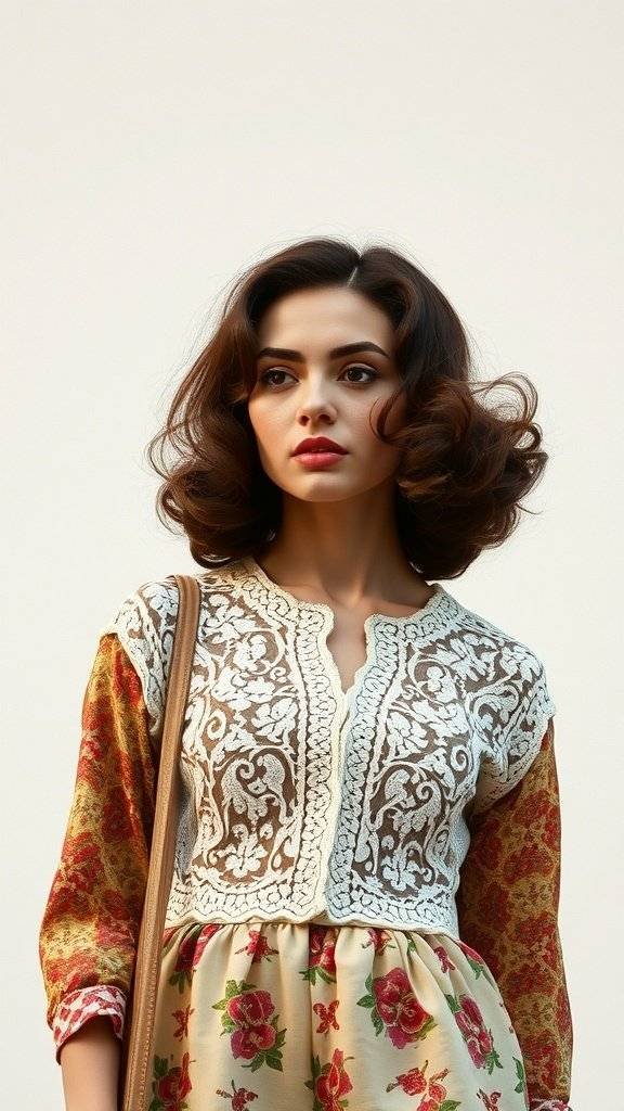 Model wearing a lace top with floral print dress, showcasing 1960's themed fashion.