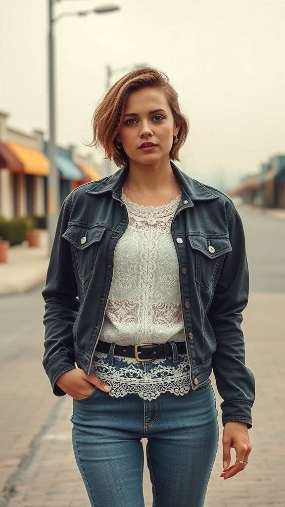 A woman wearing a lace top under a denim jacket, standing confidently on a street, embodying casual elegance.
