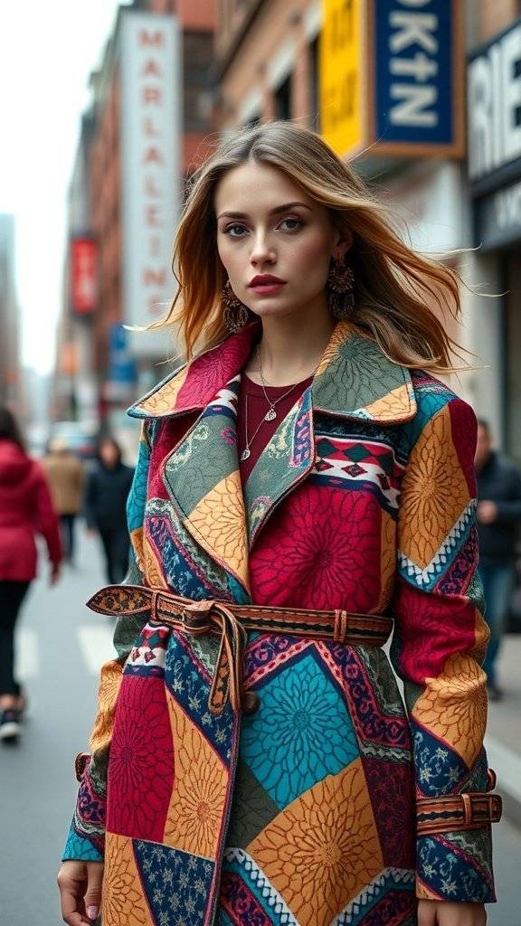 A model wearing a colorful patterned coat with floral designs, standing on a city street.