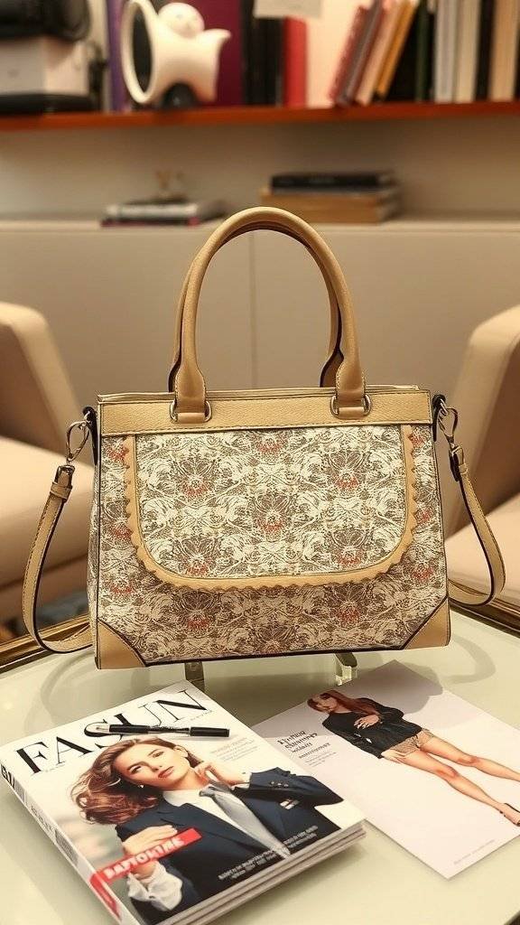 A brown handbag with lace detailing, placed on magazines featuring 1960's themed fashion.