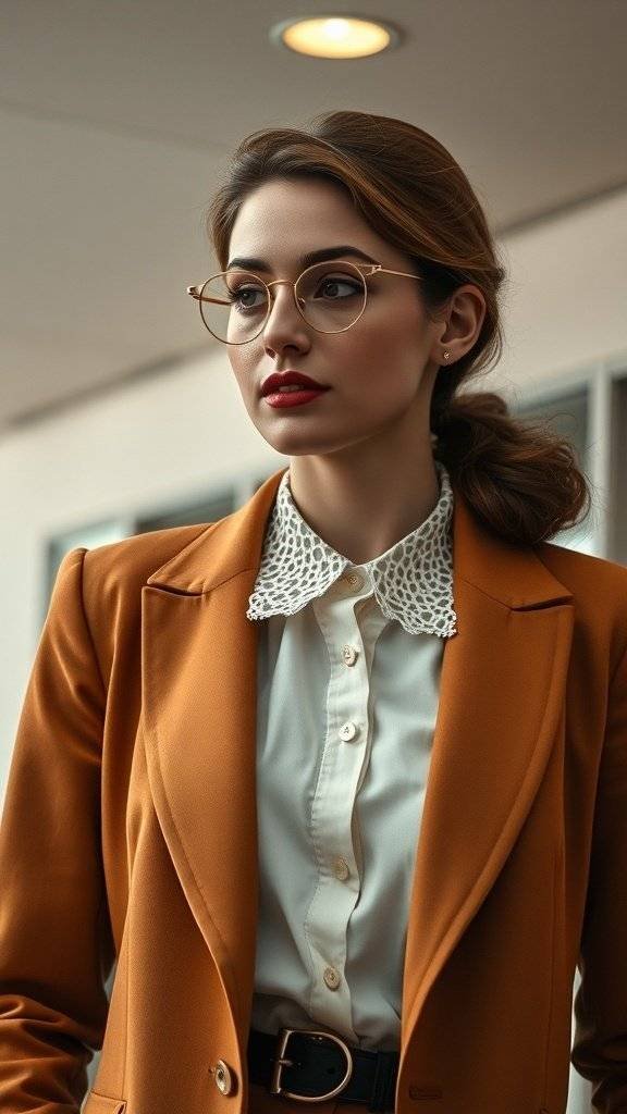 A model wearing a lace-collared shirt under a tailored orange blazer, showcasing a stylish 1960s themed look.