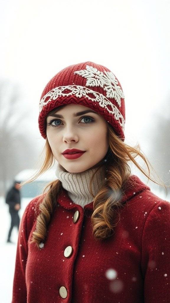 A woman in a red beanie with lace detailing, wearing a winter coat, standing in the snow.