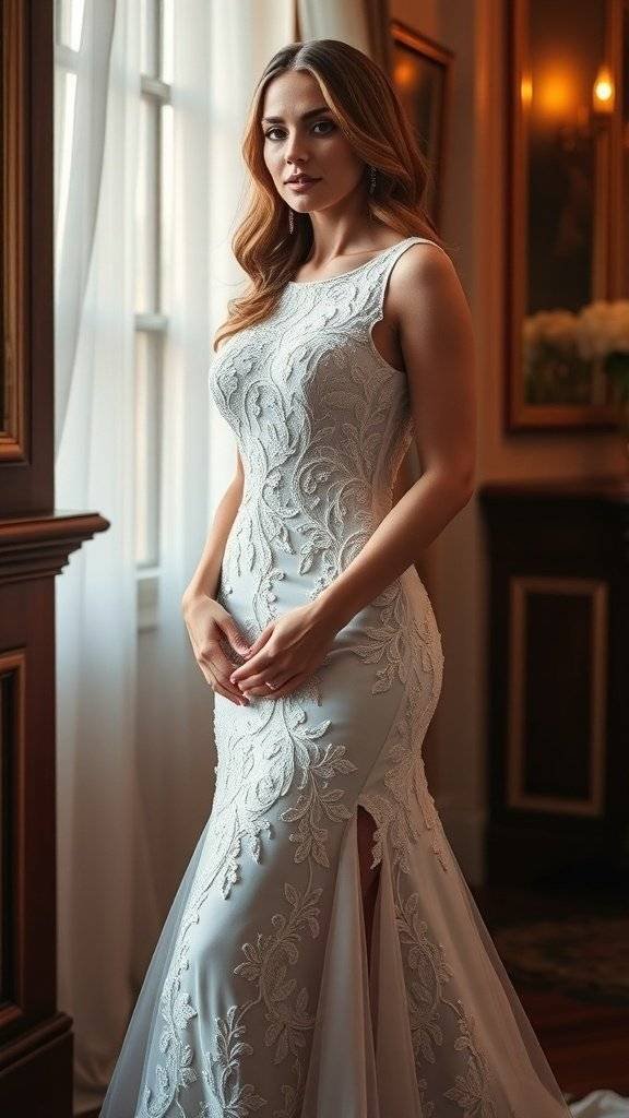 A beautiful evening gown with intricate lace details, displayed elegantly in a well-lit room with vintage decor.