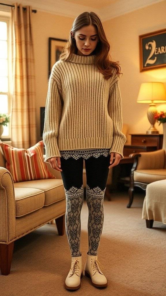 A model wearing a chunky knit sweater and lace-trimmed leggings, styled in a cozy living room setting.
