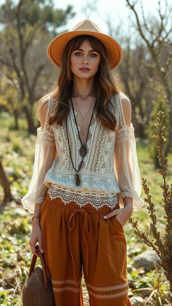 A model wearing a lace blouse and brown pants in a natural setting, showcasing bohemian style.
