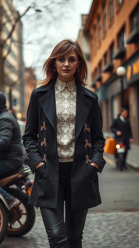 A model wearing a black coat over a lace-embellished blouse in an urban setting, showcasing 1960's themed fashion.