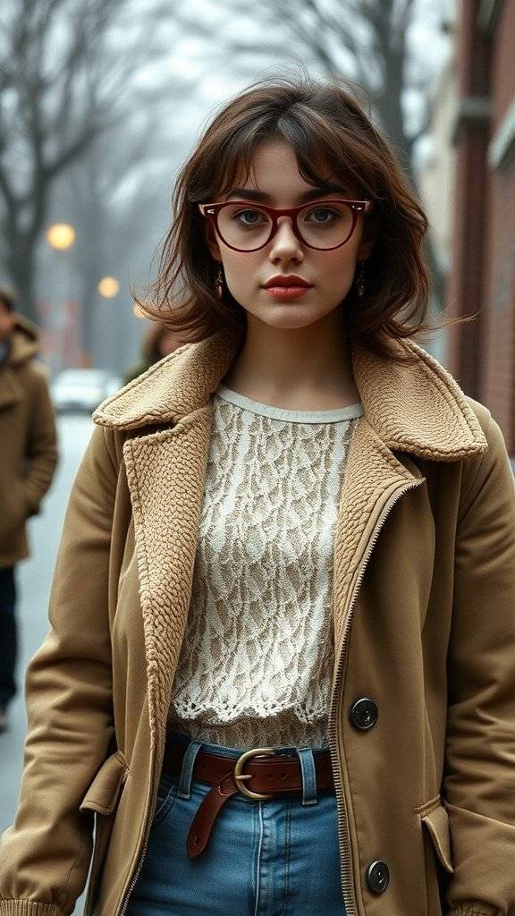 A young woman wearing a beige casual jacket over a lace top, showcasing a stylish winter look.
