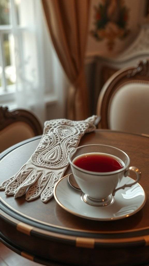 A pair of elegant lace gloves on a wooden table next to a fine china teacup, evoking a cozy and sophisticated atmosphere.