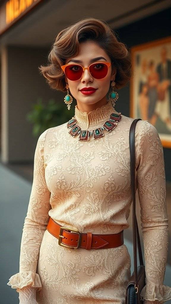 A woman in a lace top with statement jewelry, embodying 1960's fashion.