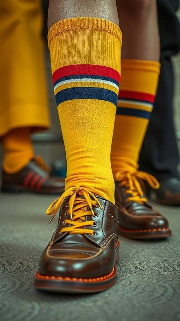 Close-up of brightly colored yellow socks with stripes paired with brown shoes.