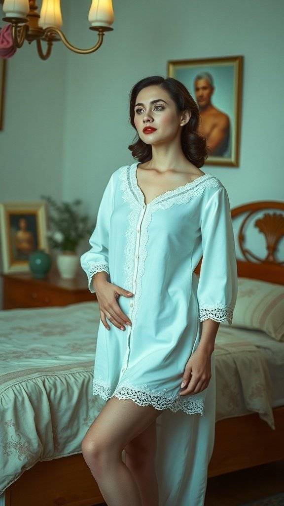 A model wearing a lace-trimmed nightgown, showcasing a vintage 1960's style in a cozy bedroom setting.