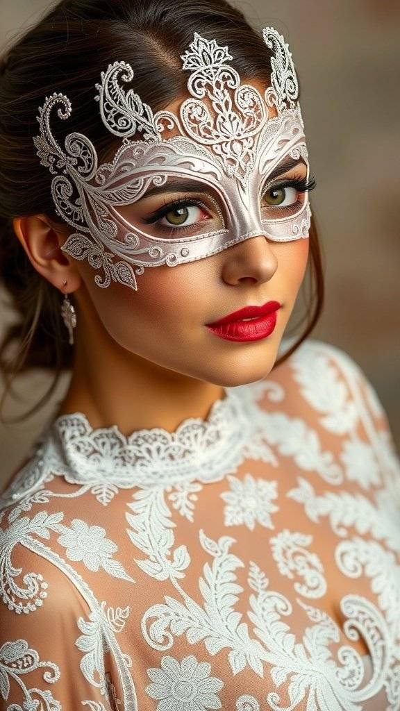A beautifully crafted lace mask in pink and purple on a floral-patterned table with roses.