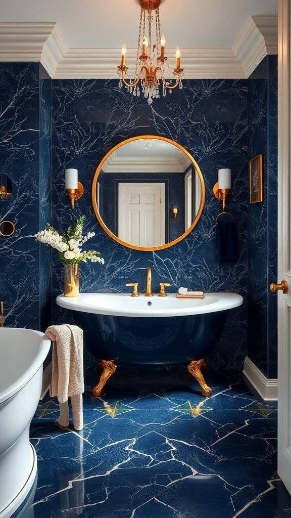 A luxurious 1920s bathroom featuring dark blue walls, gold fixtures, and elegant decor.